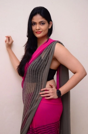 Telugu Actress Kalpika Ganesh Looks Hot Sexy In Sleeveless Pink Saree Photos