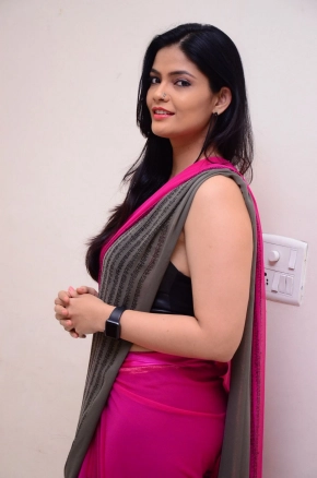 Telugu Actress Kalpika Ganesh Looks Hot Sexy In Sleeveless Pink Saree Photos